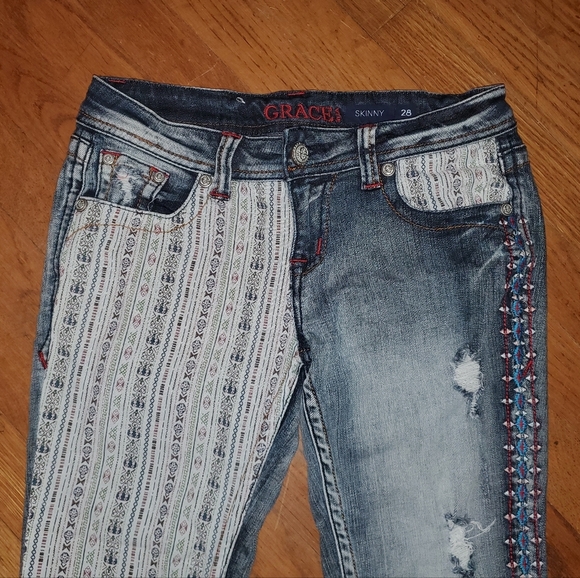 Grace in LA Mixed Pattern Jeans - Picture 3 of 11